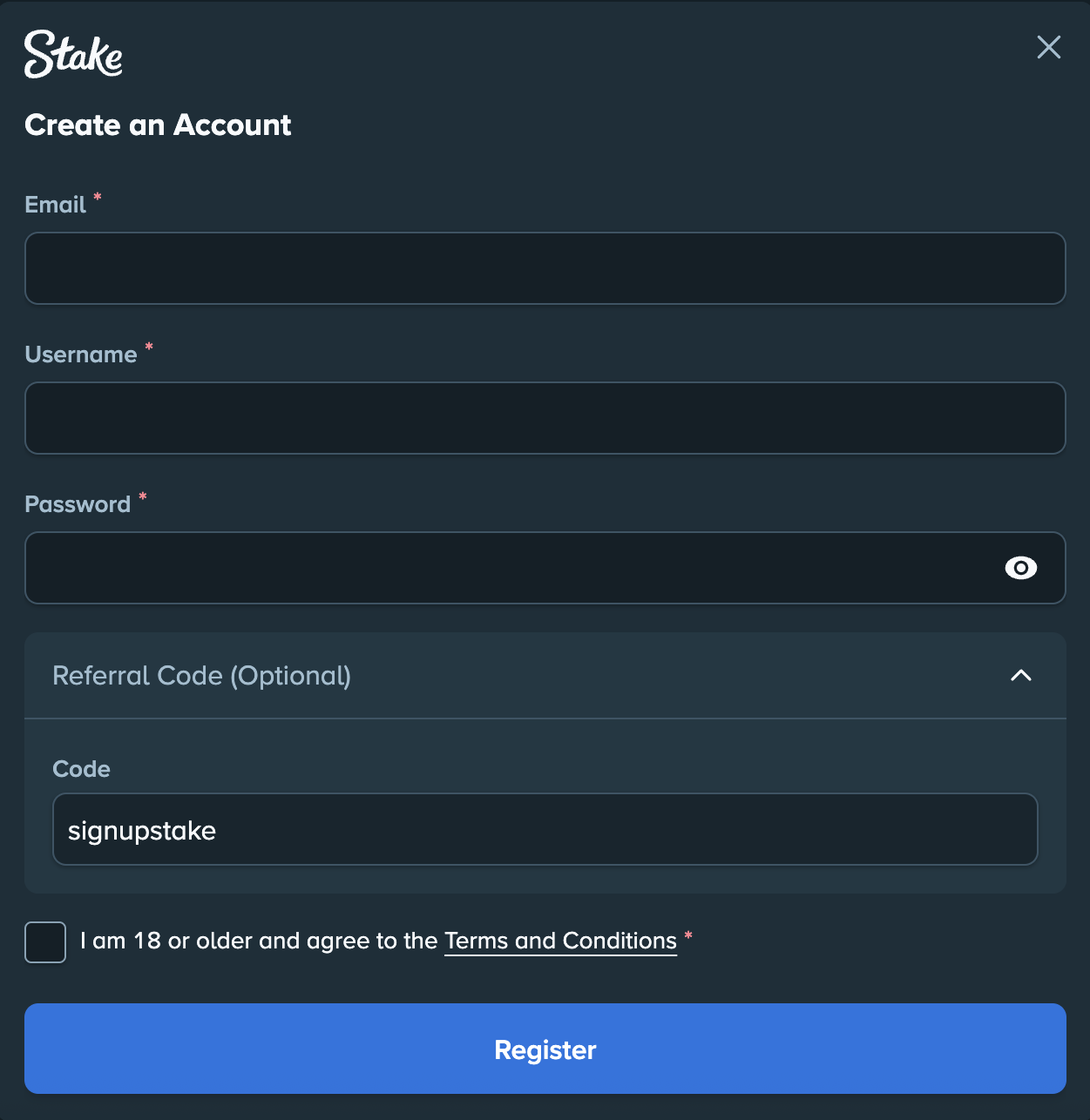 Stake Create an Account registration form with the referral code signupstake entered